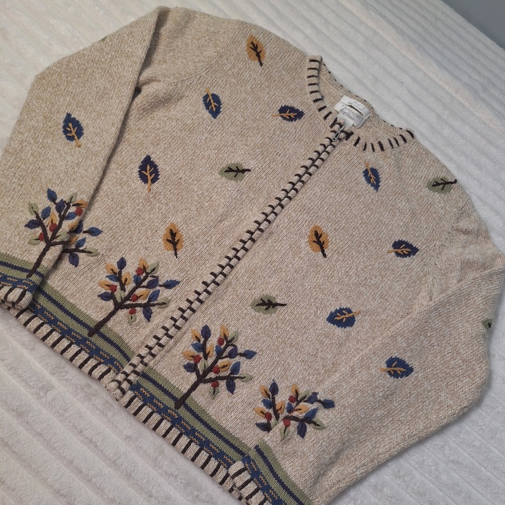 Hand Embroidered Wool Blend Full Zip Fall Leaf Sweater Womens S Oatmeal Teacher